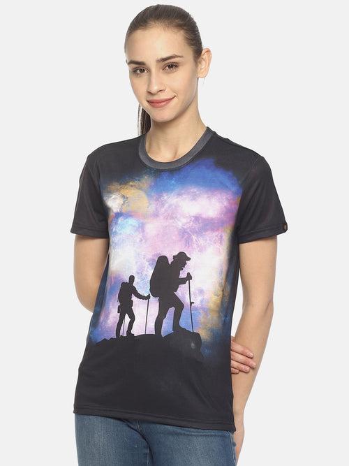 Wolfpack Star Trails Trekking Black Printed Women T-Shirt