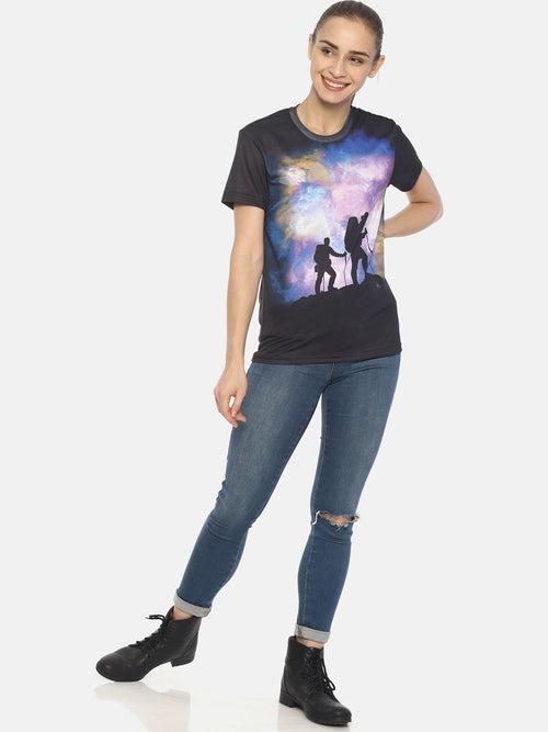 Wolfpack Star Trails Trekking Black Printed Women T-Shirt