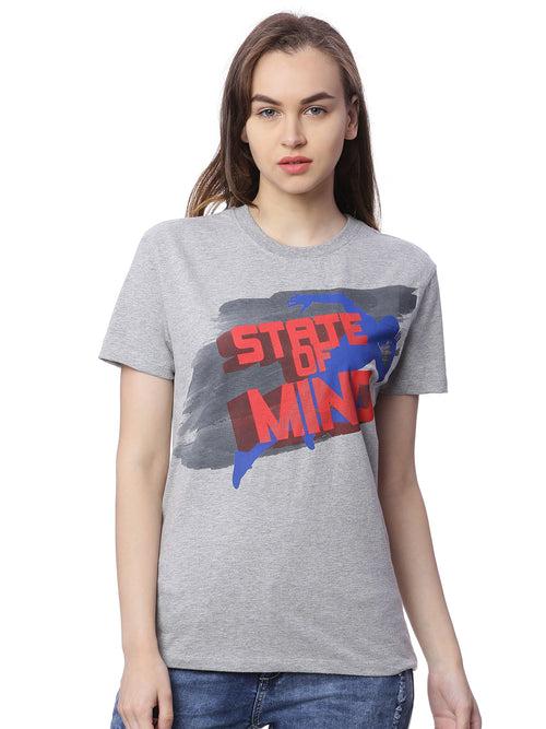 Wolfpack State Of Mind Grey Melange Printed Women T-Shirt