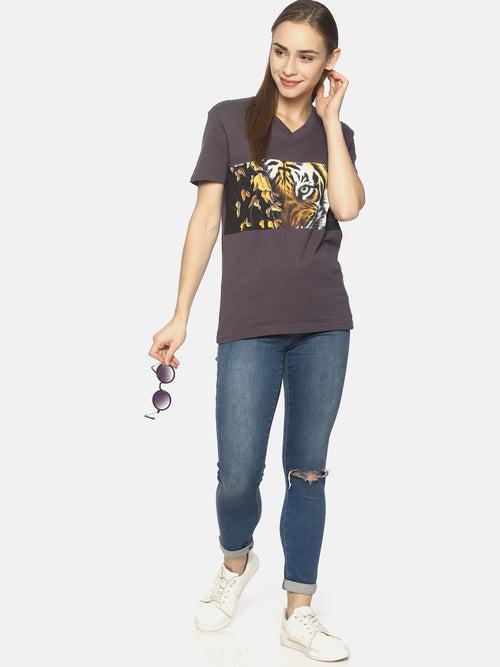 Wolfpack Tiger Eyes with Leaves Dark Grey Printed Women T-Shirt