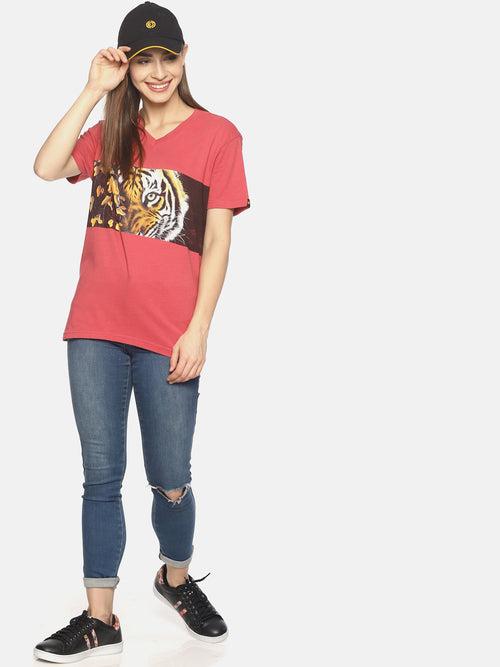 Wolfpack Tiger Eyes with Leaves Dark Pink Women T-Shirt