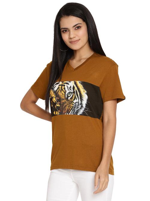 Wolfpack Tiger Eyes with Leaves Golden Brown Printed Women T-Shirt