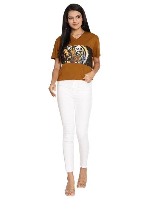 Wolfpack Tiger Eyes with Leaves Golden Brown Printed Women T-Shirt