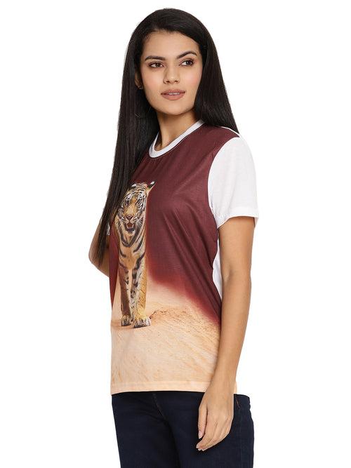 Wolfpack Tiger Head On Poly Brown with White Printed Women T-Shirt