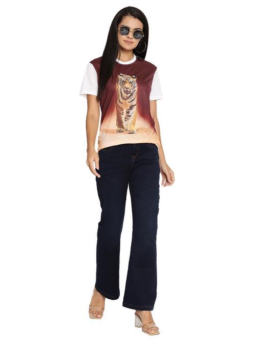 Wolfpack Tiger Head On Poly Brown with White Printed Women T-Shirt