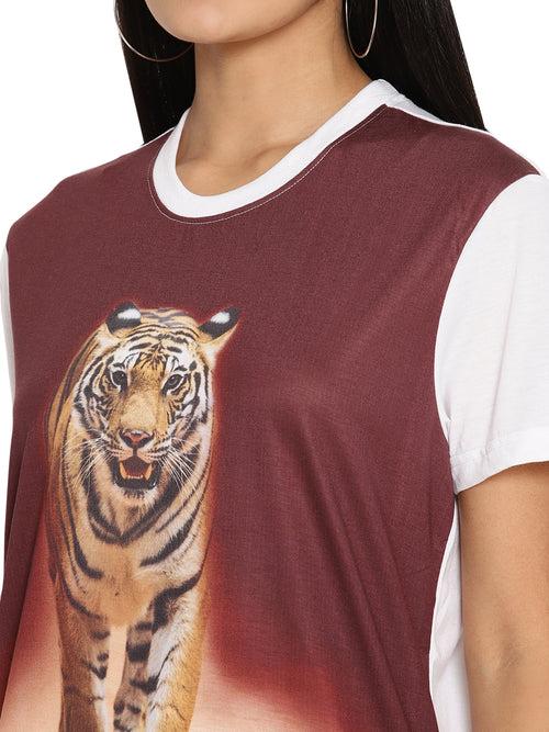 Wolfpack Tiger Head On Poly Brown with White Printed Women T-Shirt