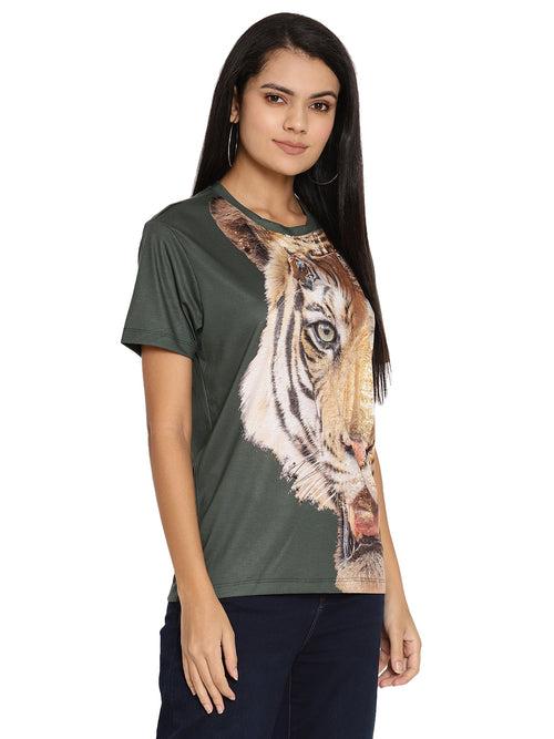 Wolfpack Tiger Side Green Printed Women T-Shirt