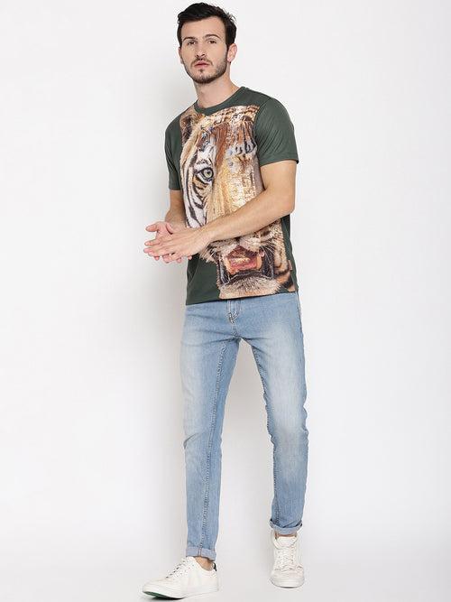 Tiger Side Green Printed Men T-Shirt