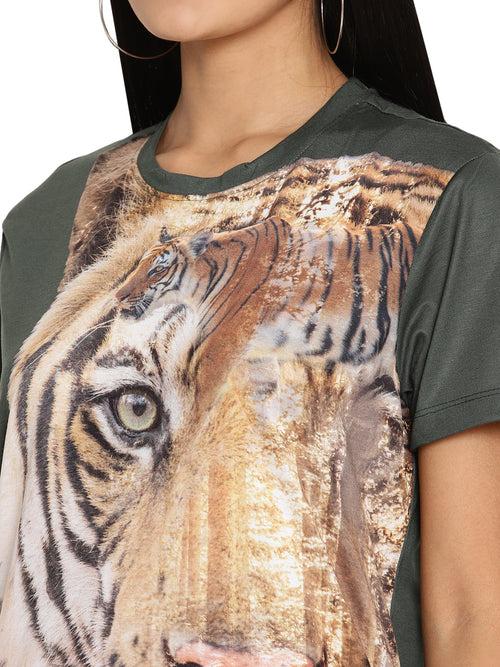 Wolfpack Tiger Side Green Printed Women T-Shirt