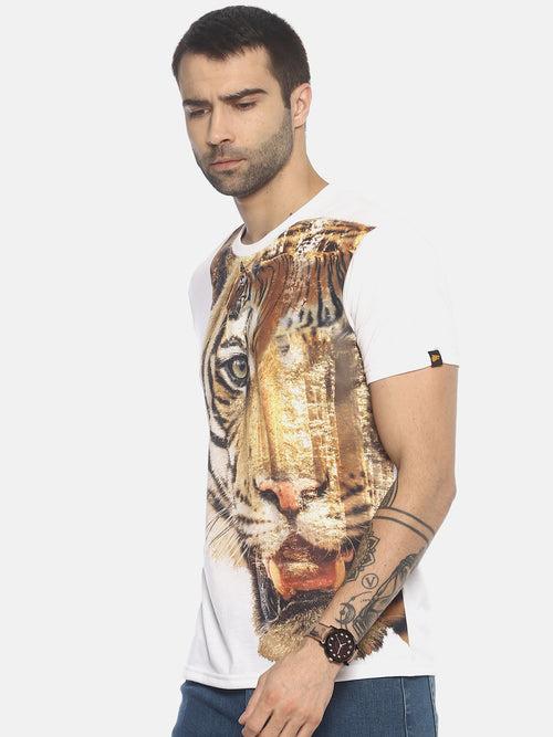 Tiger Side White Polyester Printed Men T-Shirt