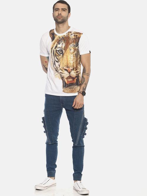 Tiger Side White Polyester Printed Men T-Shirt