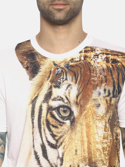 Tiger Side White Polyester Printed Men T-Shirt