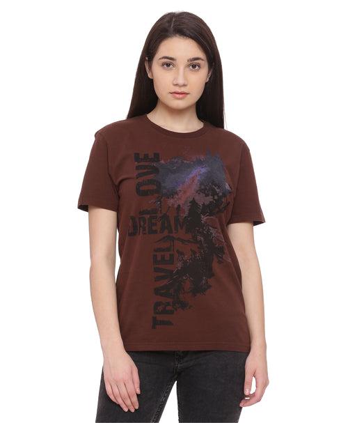 Wolfpack Travel Dream Chocolate Brown Printed Women T-Shirt