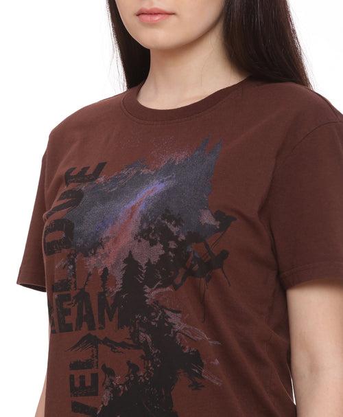 Wolfpack Travel Dream Chocolate Brown Printed Women T-Shirt