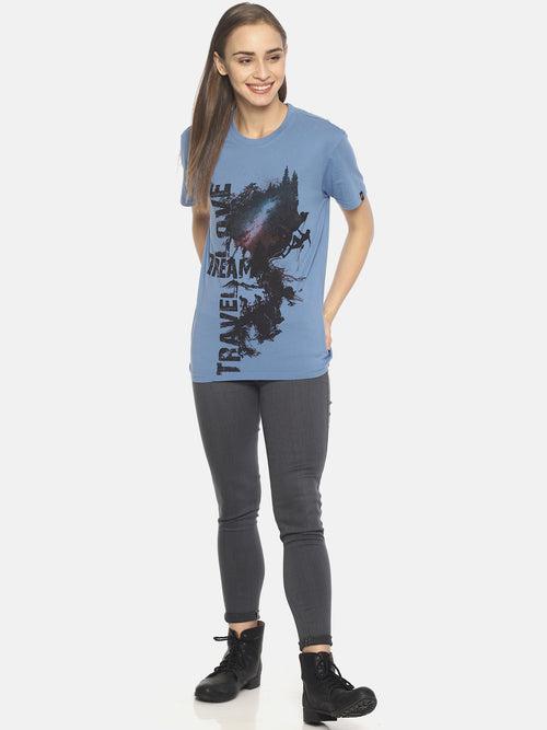 Wolfpack Travel Dream Mid Vel Blue Printed Women T-Shirt