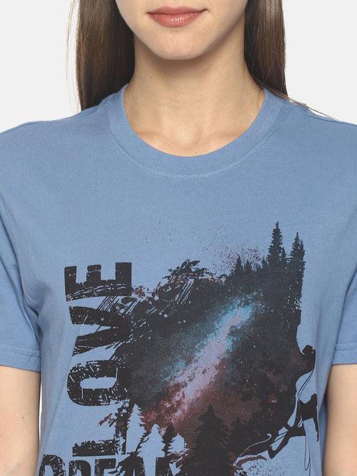 Wolfpack Travel Dream Mid Vel Blue Printed Women T-Shirt