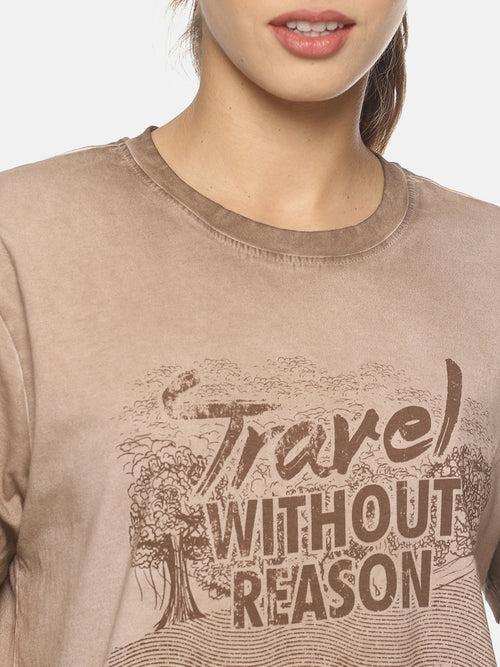 Wolfpack Travel Without Reason Brown Printed Women T-Shirt