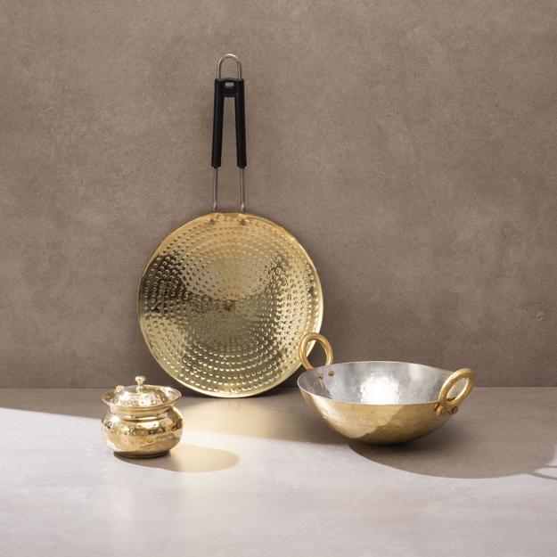 Brass Essentials Combo Set (Brass Roti Tawa, Brass Ghee Pot, Brass Kadhai)