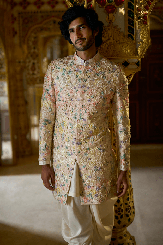 Cream Multi-Coloured Three-Dimensional Sherwani Set