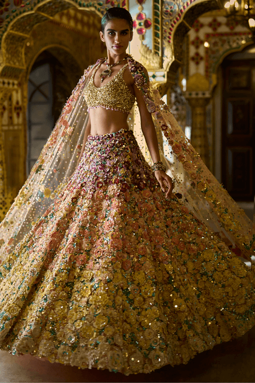 Ombre Multi-Coloured Three-Dimensional Floral Lehenga Set