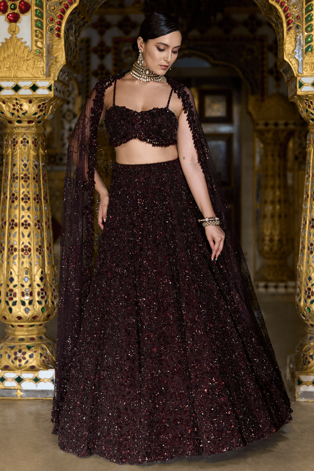 Wine Sequin Lehenga Set