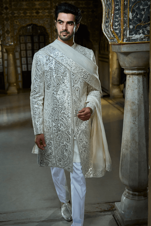 Ivory Mirror Work Sherwani Set