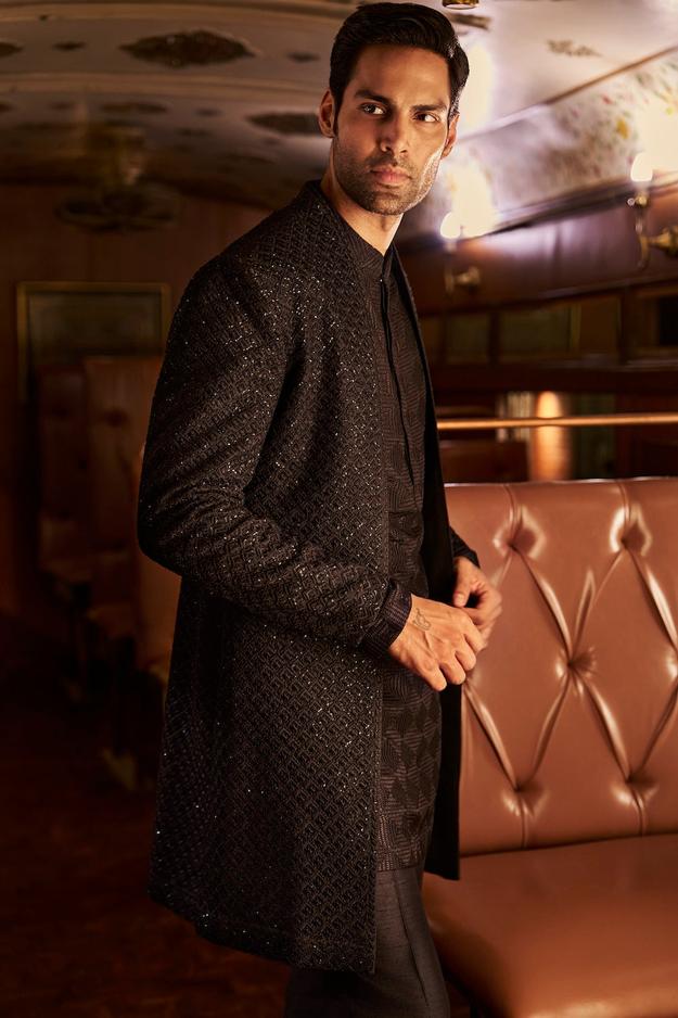 Black Thread Work Open Sherwani set