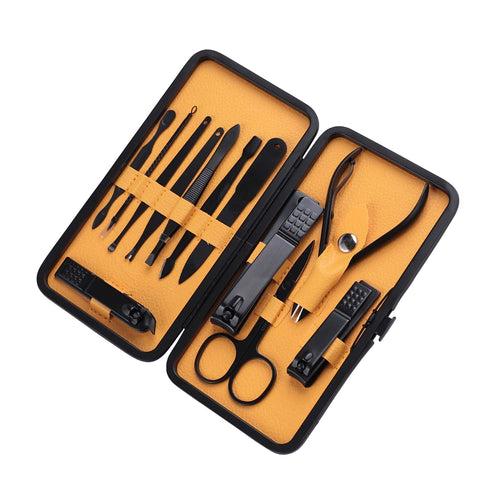 Dr Foot Manicure Set | Professional Grooming Kit, Pedicure Kit | For Men & Women | With Black Leather Travel Case, Yellow – 12 in 1 (Pack of 3)