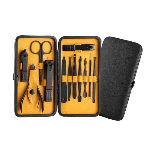 Dr Foot Manicure Set | Professional Grooming Kit, Pedicure Kit | For Men & Women | With Black Leather Travel Case, Yellow – 12 in 1 (Pack of 3)