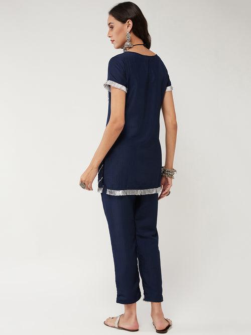 Solid Semi-Festive Short Lace Detailed Kurta With Pant Set
