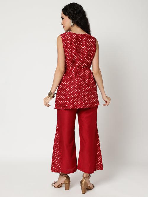 Bandhani Foil Printed Asymmetric Top With Stylish Pants Set Having Lace Details