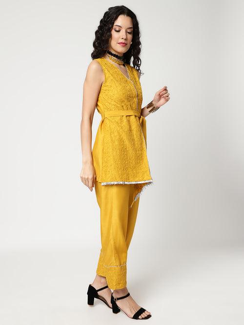 Self Embroidered Asymmetric Top With Belt And Stylish Pants Set Having Lace Details
