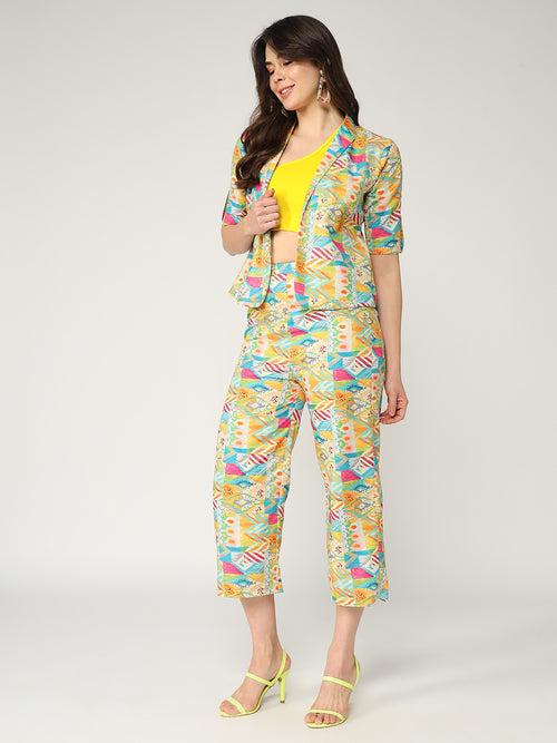 Fusion Quirky Digital Printed Blazer With Pant Set