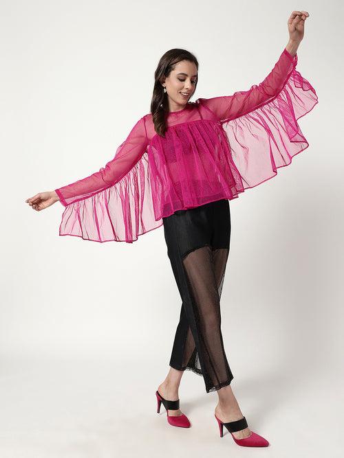 Solid Shimmer Loose Fit Pleated Styling Top