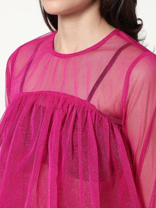 Solid Shimmer Loose Fit Pleated Styling Top