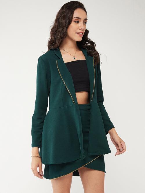 Solid Peplum Blazer With Zipper Lapel