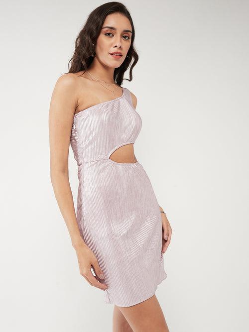 Solid Shimmer Pleated One-Shoulder Dress