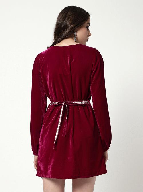 Solid Velvet Dress With Belt