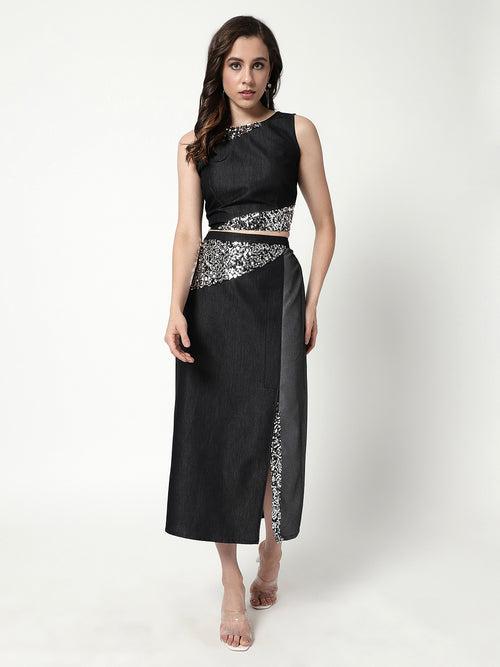 Solid Top And Skirt Set With Sequin Patch