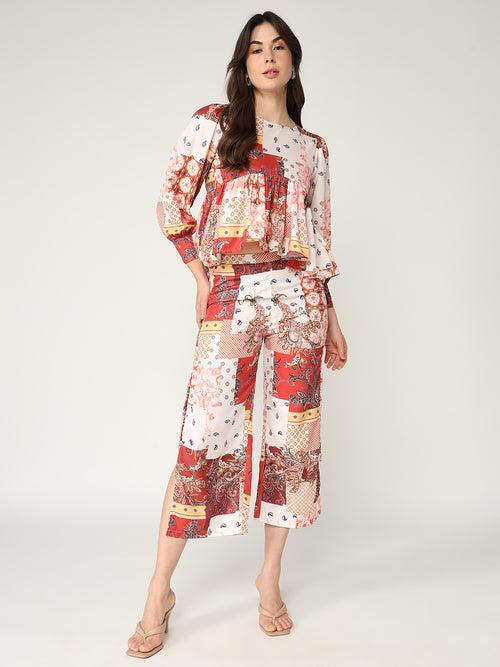 Abstract Printed Peplum Top With Matching Pant Set