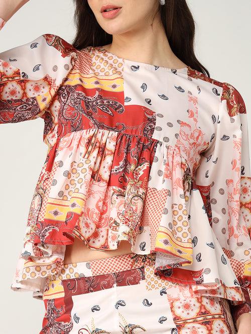 Abstract Printed Peplum Top With Matching Pant Set