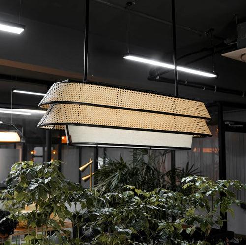 Voyage Linear - Industrial Pendant lamp with Natural bamboo mesh for Home, restaurants and offices.