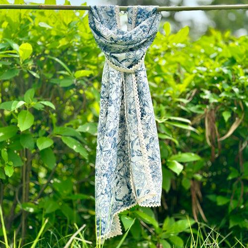 OMVAI Vintage Blue Floral Crepe Stole - Blue