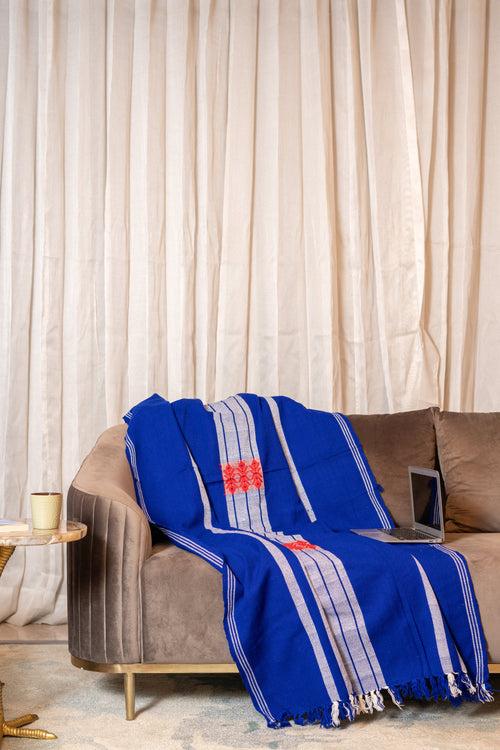 OMVAI Artisanal Patterned Cashmilon Woven Throw Blanket / Comforter - Royal Blue with white red weave border