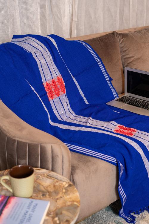 OMVAI Artisanal Patterned Cashmilon Woven Throw Blanket / Comforter - Royal Blue with white red weave border