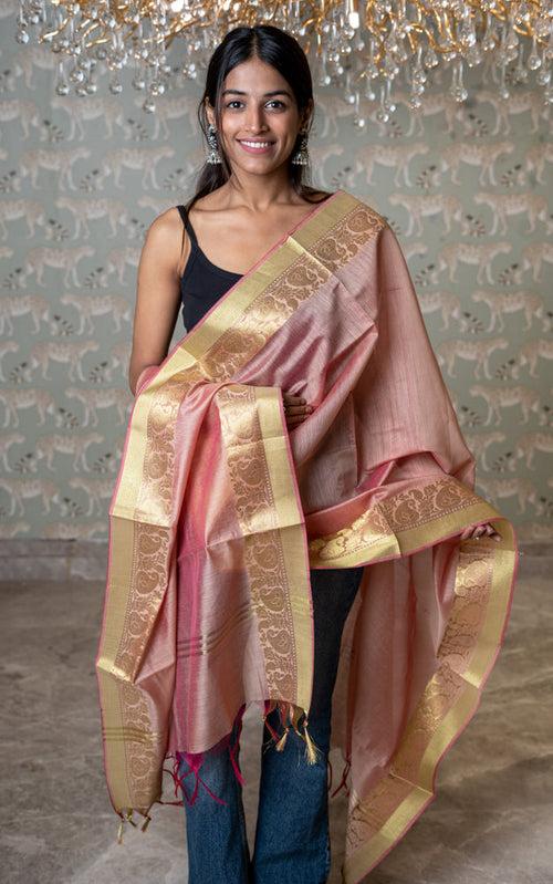 OMVAI Paisley Border Chanderi Silk Dupatta - Coral Blush