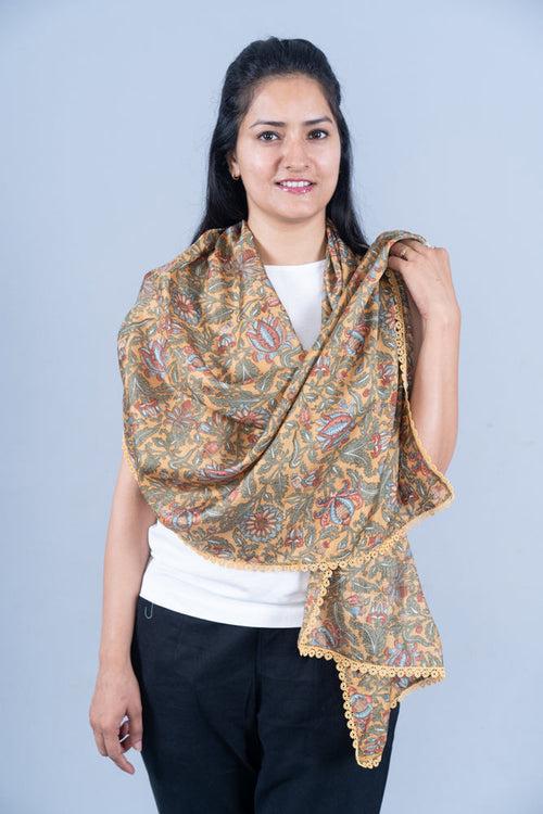 OMVAI Royal Floral Print Silk Stole-  Mustard Yellow