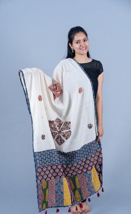 OMVAI Pushp Bahaar Hastkala Dupatta with applique and Hand-work - Blue Multi