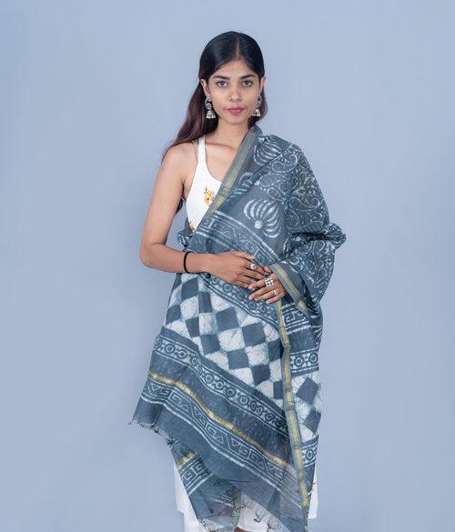 OMVAI Paisley Buta Hand Block Printed Chanderi Silk Dupatta - Charcoal