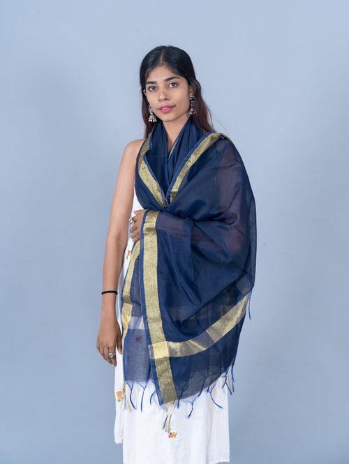 OMVAI Golden Border Chanderi Silk Dupatta - Navy